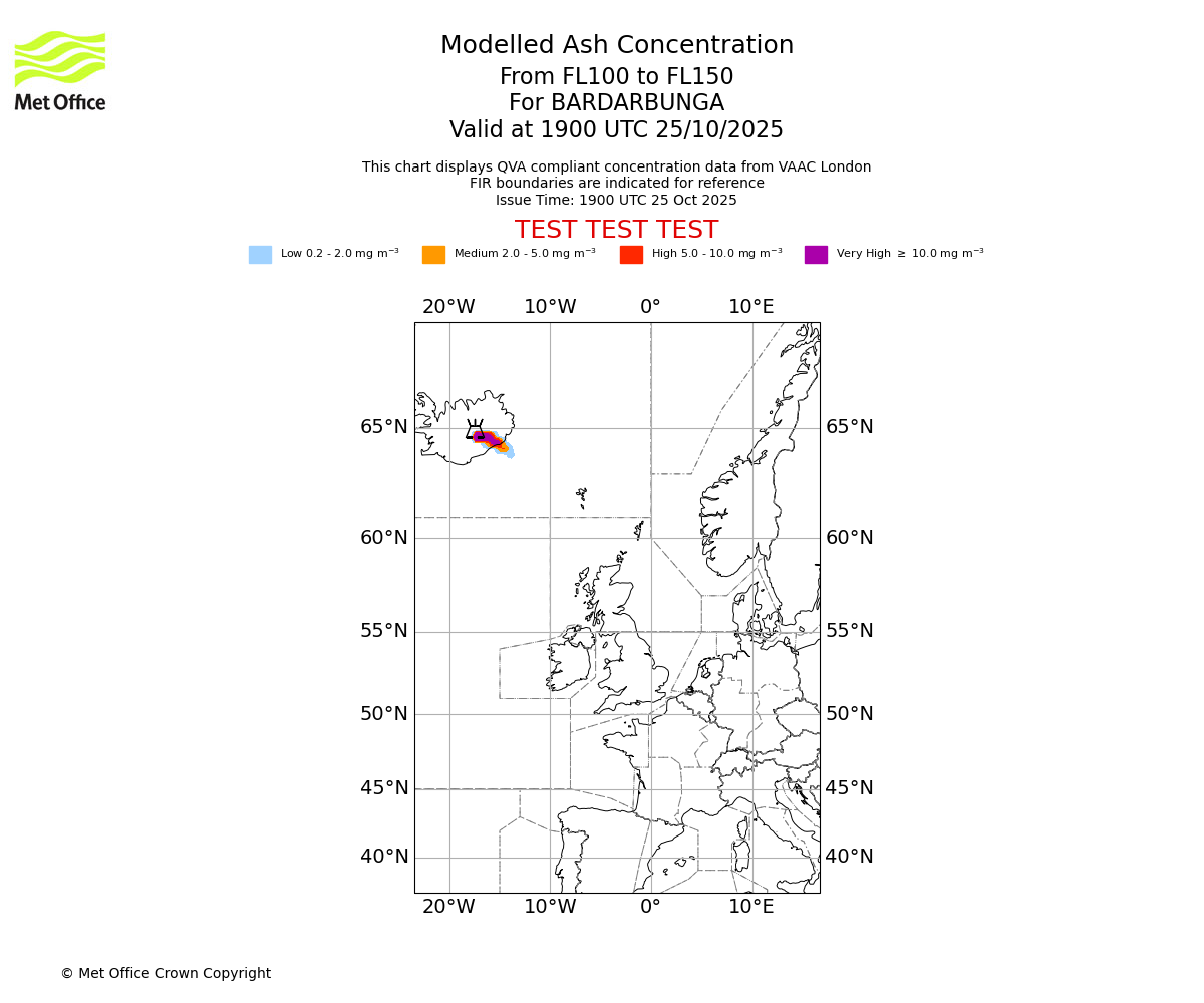 Modelled ash concentration from 100 to 150 for BARDARBUNGA. Valid at 1900 UTC 25/10/2025