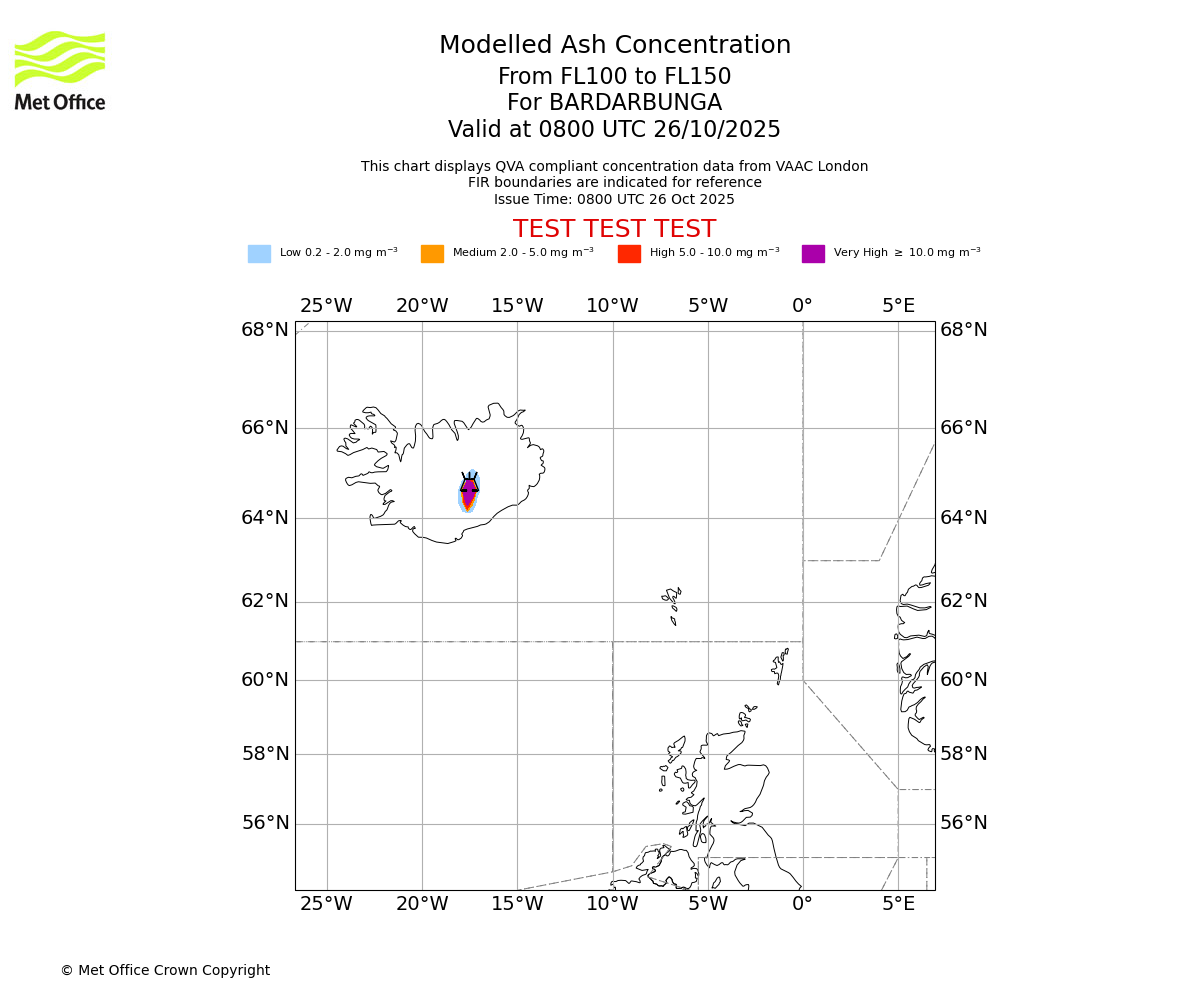 Modelled ash concentration from 100 to 150 for BARDARBUNGA. Valid at 0800 UTC 26/10/2025