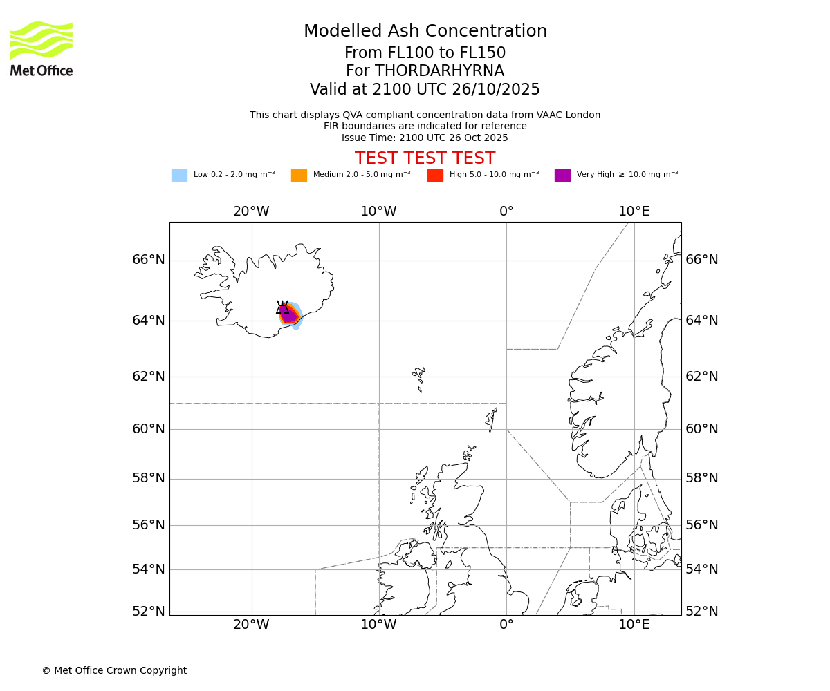 Modelled ash concentration from 100 to 150 for THORDARHYRNA. Valid at 2100 UTC 26/10/2025