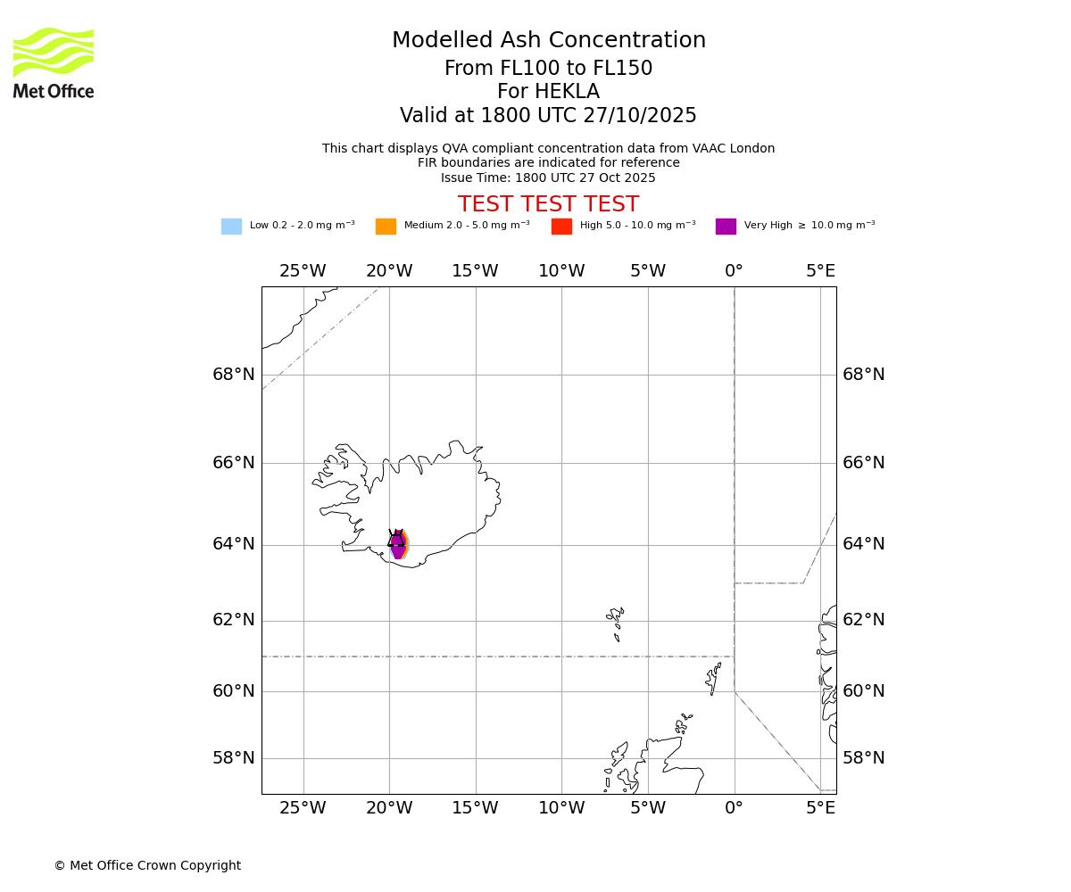 Modelled ash concentration from 100 to 150 for HEKLA. Valid at 1800 UTC 27/10/2025