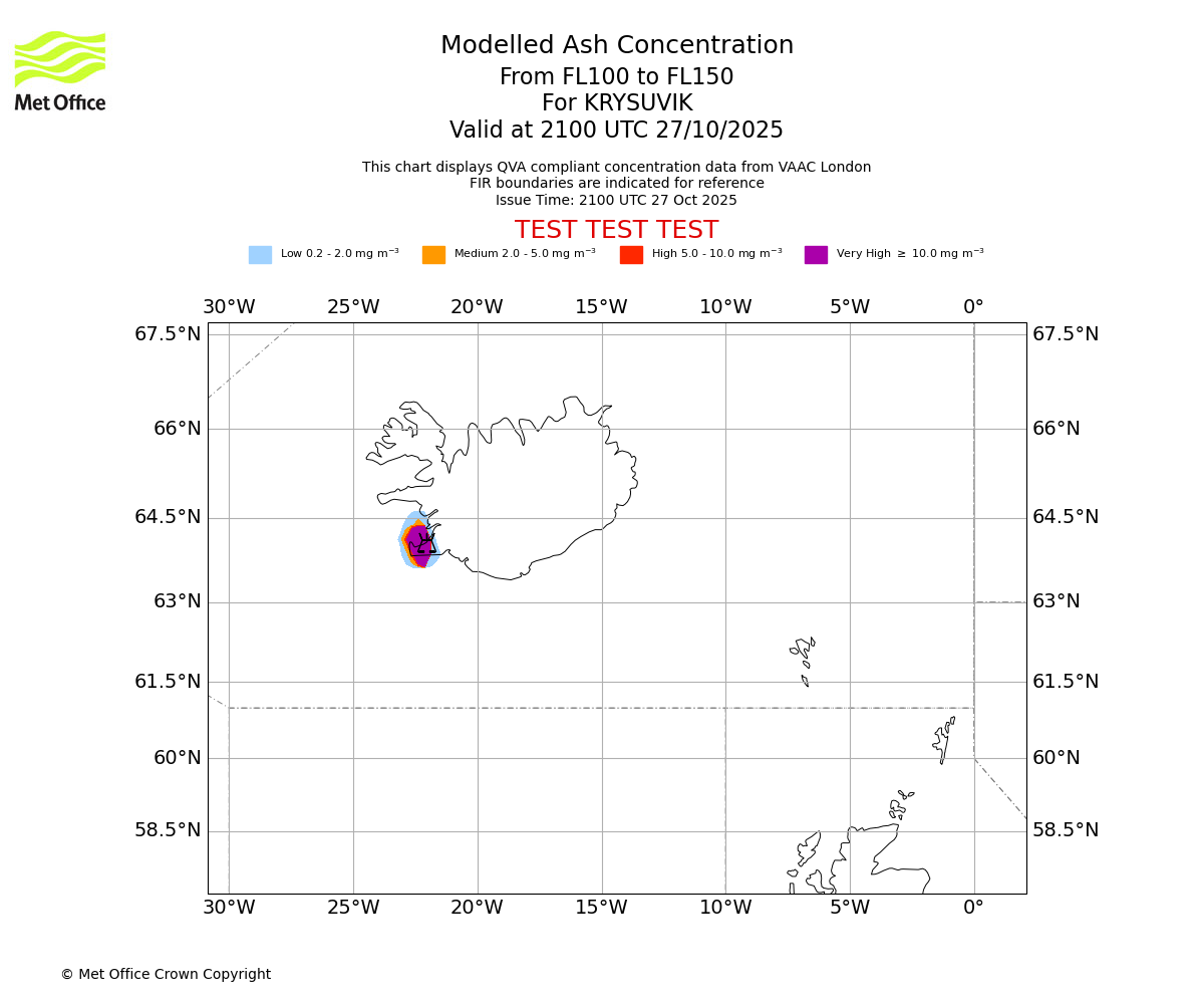 Modelled ash concentration from 100 to 150 for KRYSUVIK. Valid at 2100 UTC 27/10/2025