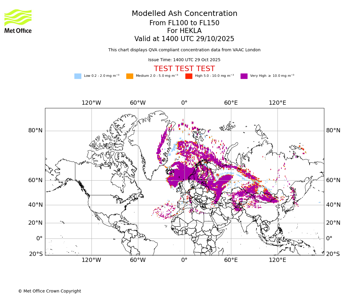 Modelled ash concentration from 100 to 150 for HEKLA. Valid at 1400 UTC 29/10/2025