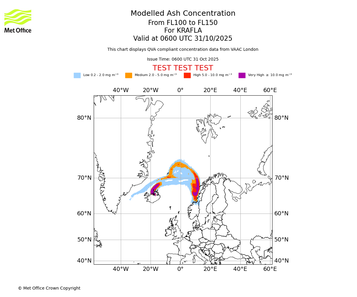 Modelled ash concentration from 100 to 150 for KRAFLA. Valid at 0600 UTC 31/10/2025