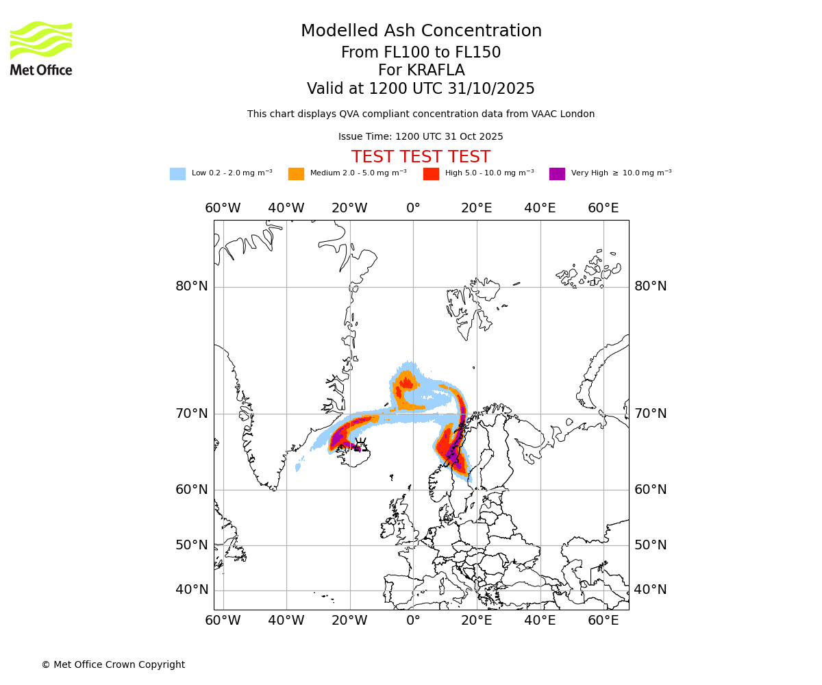 Modelled ash concentration from 100 to 150 for KRAFLA. Valid at 1200 UTC 31/10/2025