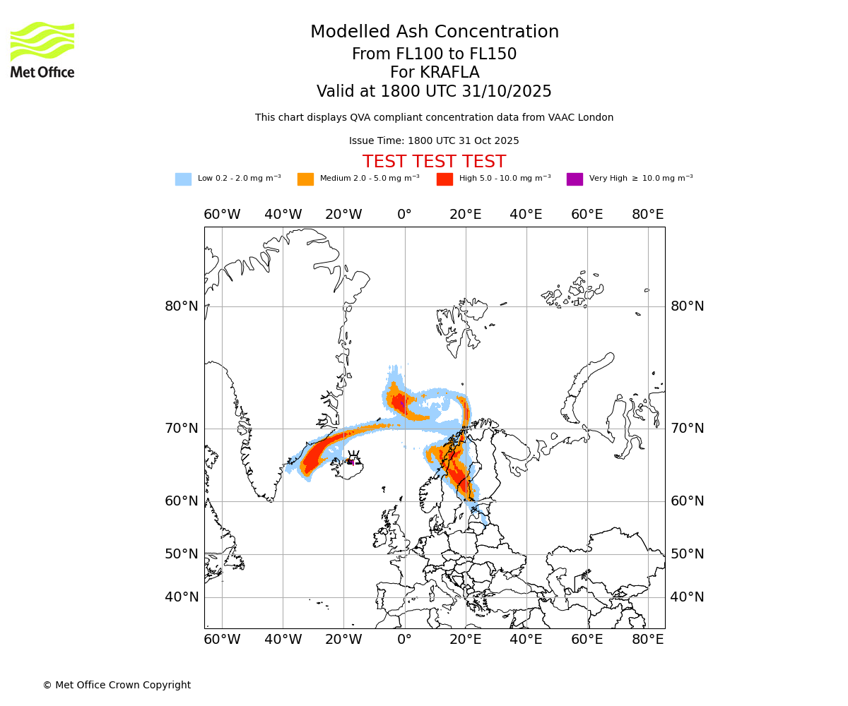 Modelled ash concentration from 100 to 150 for KRAFLA. Valid at 1800 UTC 31/10/2025