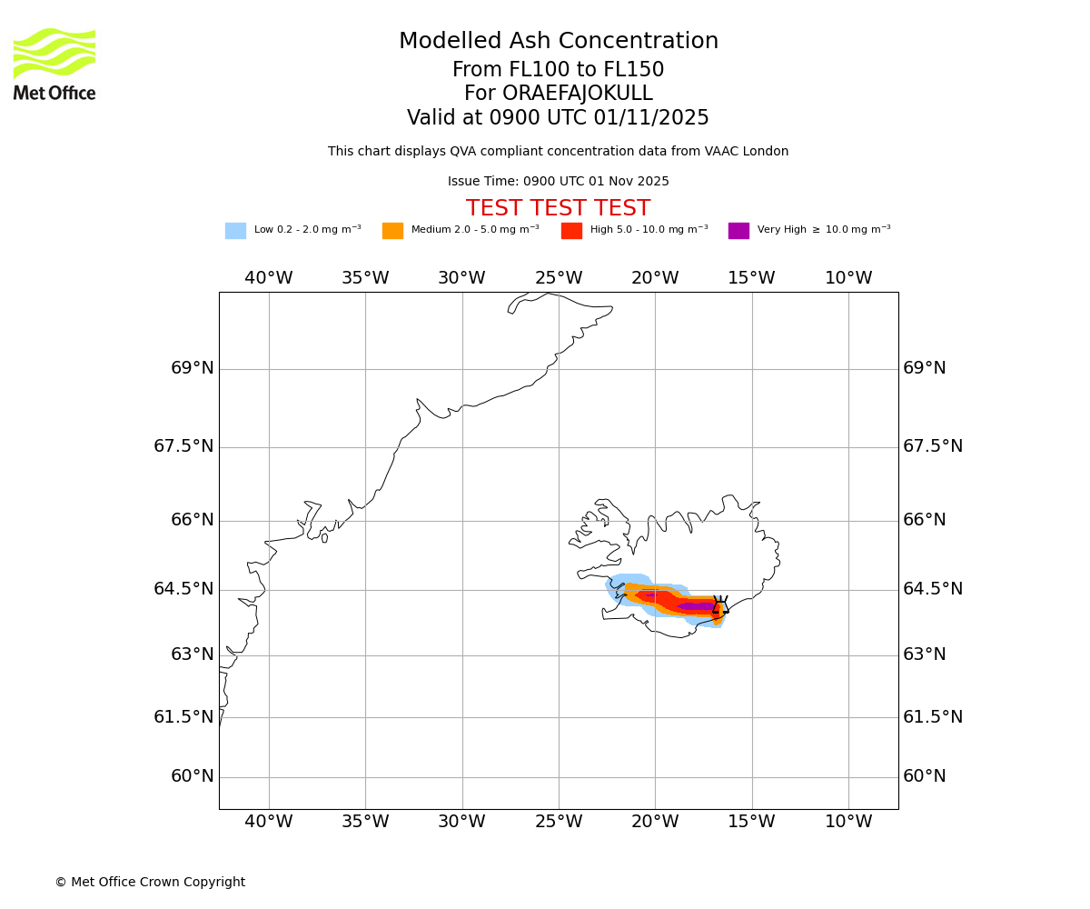 Modelled ash concentration from 100 to 150 for ORAEFAJOKULL. Valid at 0900 UTC 01/11/2025