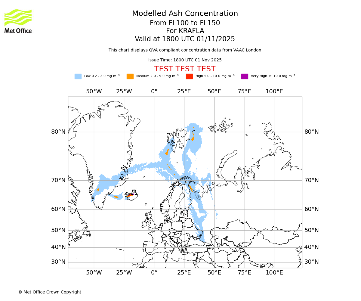 Modelled ash concentration from 100 to 150 for KRAFLA. Valid at 1800 UTC 01/11/2025