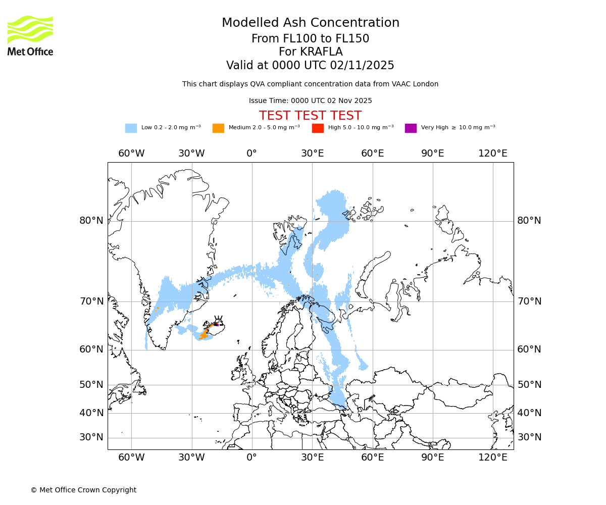 Modelled ash concentration from 100 to 150 for KRAFLA. Valid at 0000 UTC 02/11/2025