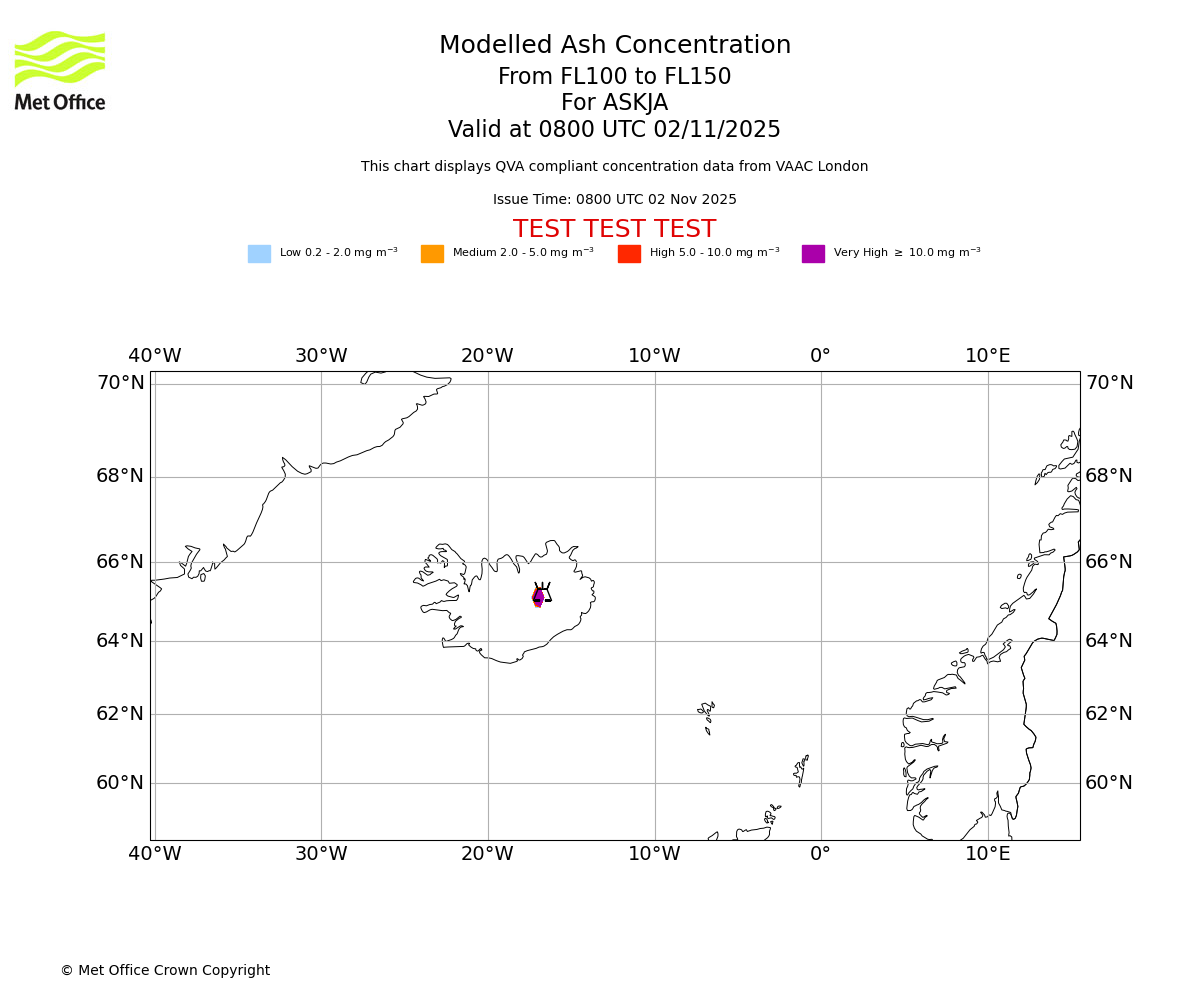 Modelled ash concentration from 100 to 150 for ASKJA. Valid at 0800 UTC 02/11/2025