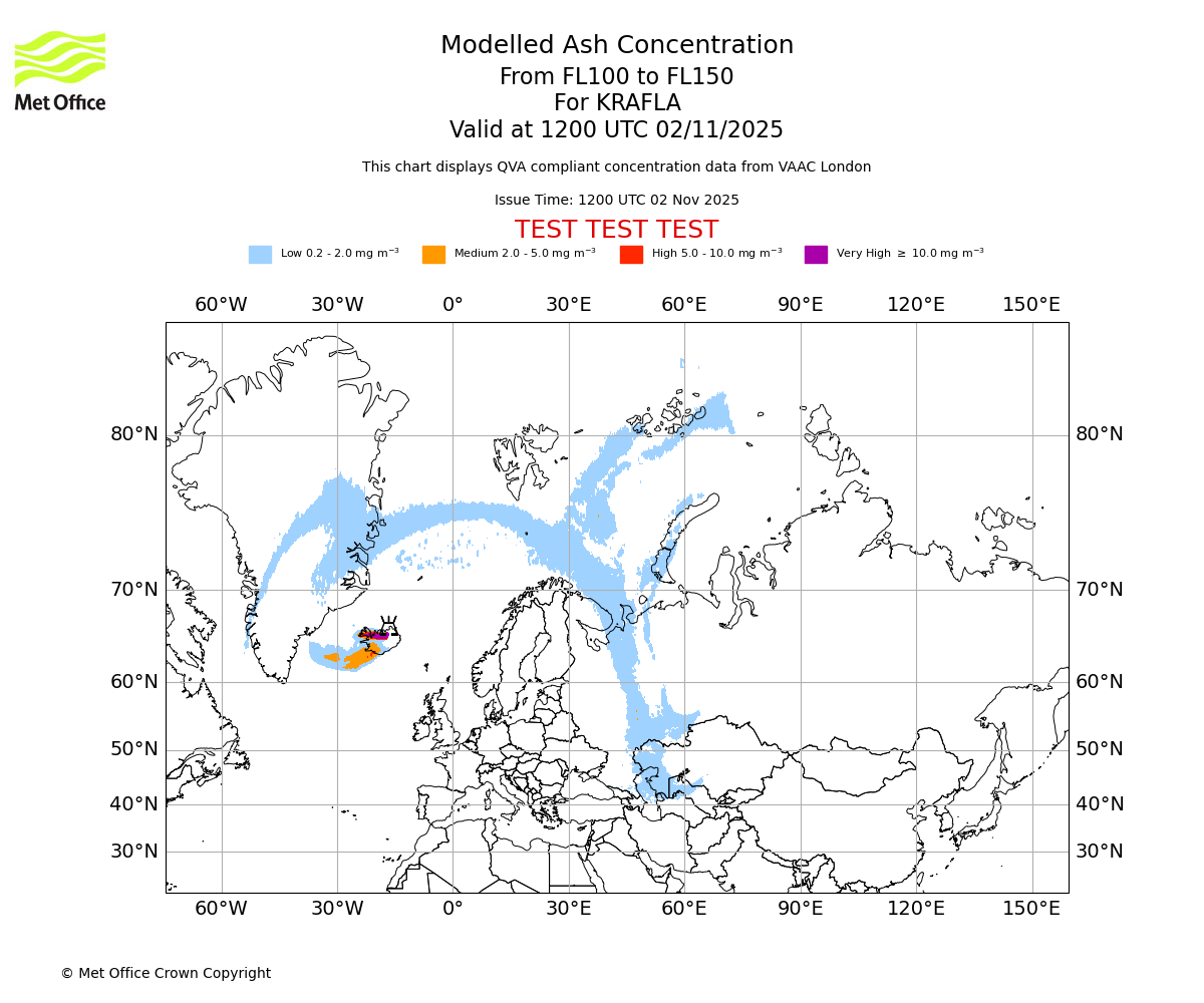 Modelled ash concentration from 100 to 150 for KRAFLA. Valid at 1200 UTC 02/11/2025