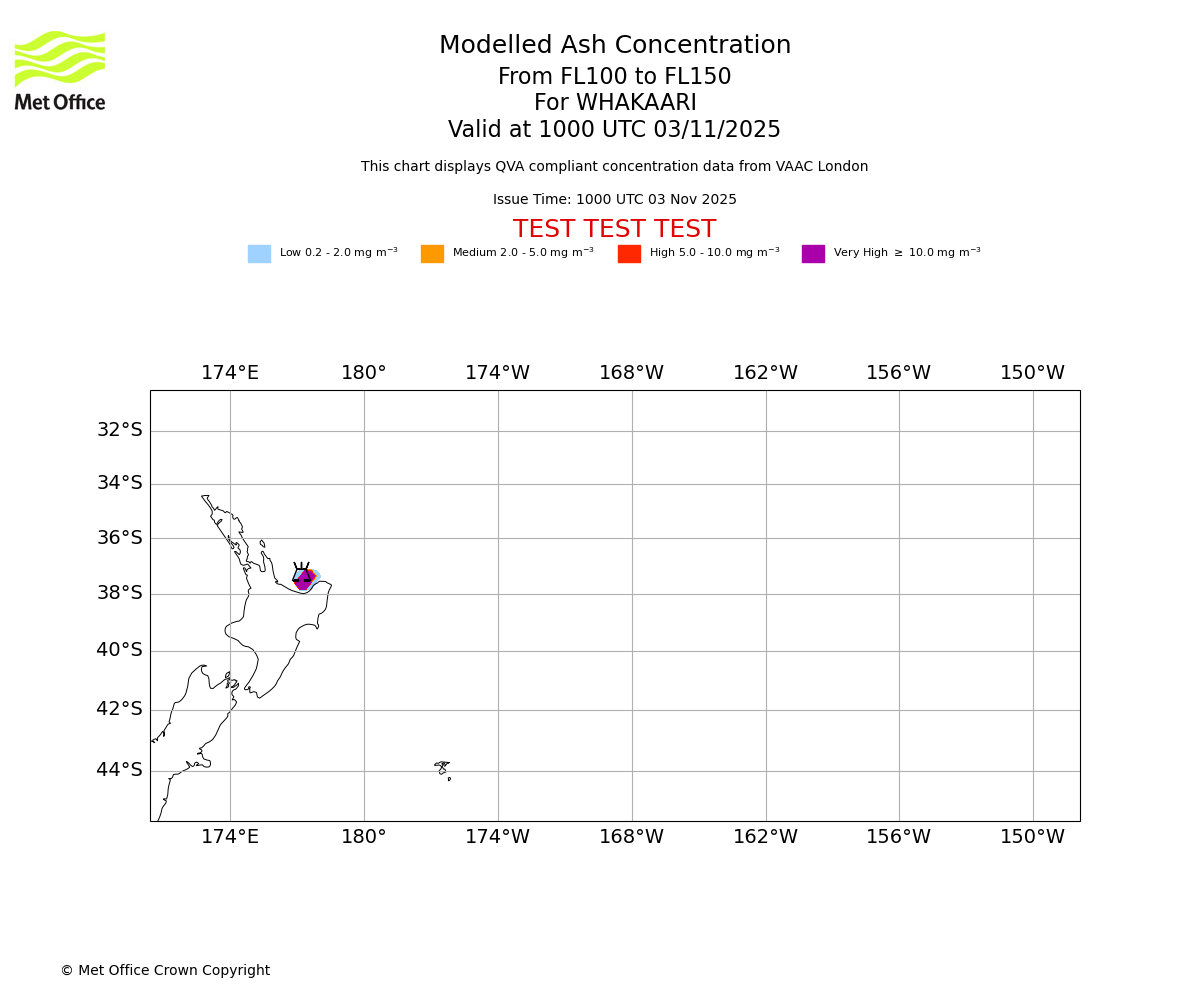 Modelled ash concentration from 100 to 150 for WHAKAARI. Valid at 1000 UTC 03/11/2025