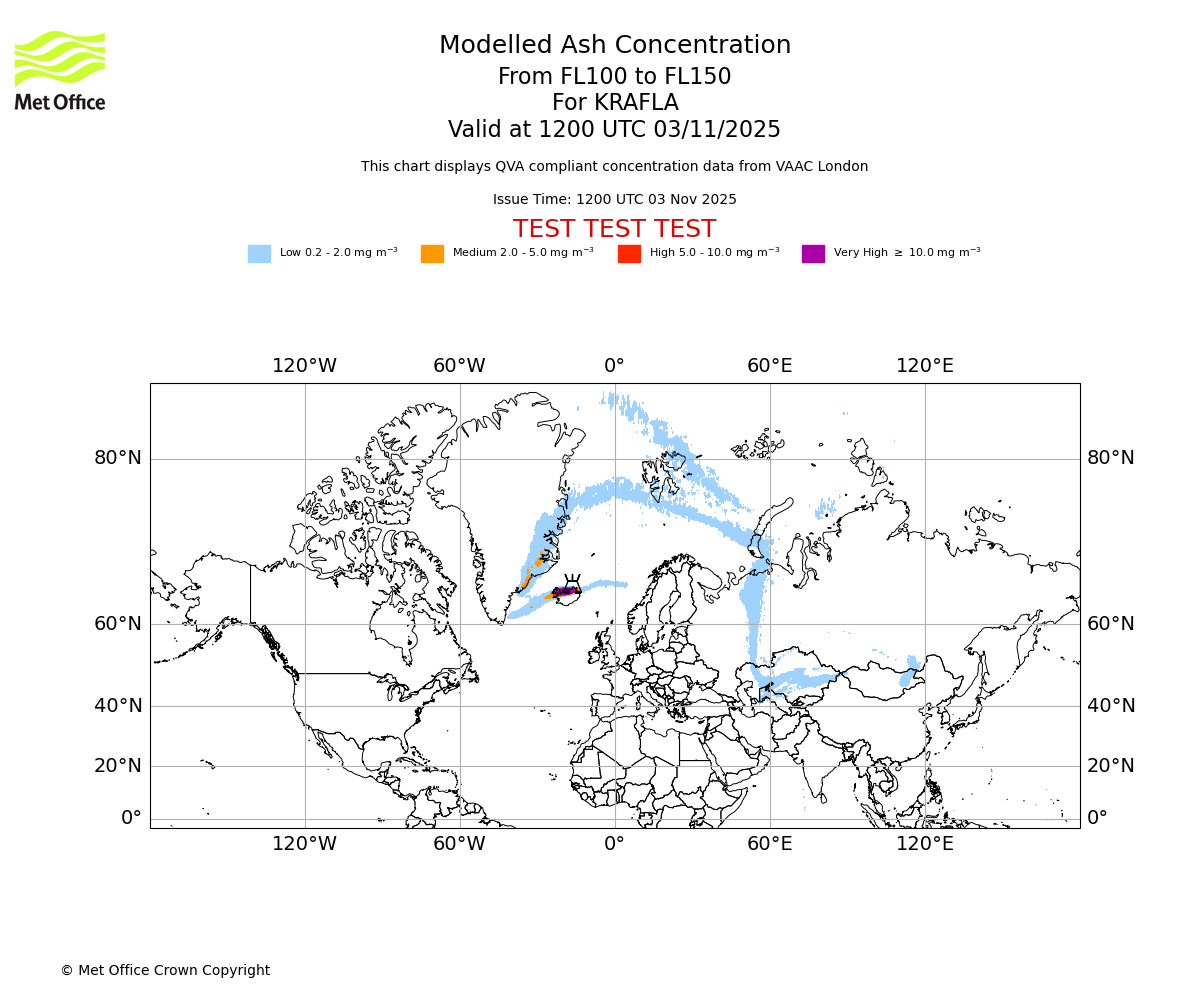 Modelled ash concentration from 100 to 150 for KRAFLA. Valid at 1200 UTC 03/11/2025