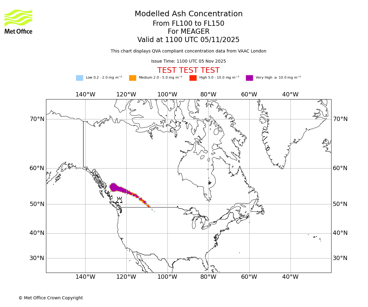 Modelled ash concentration from 100 to 150 for MEAGER. Valid at 1100 UTC 05/11/2025