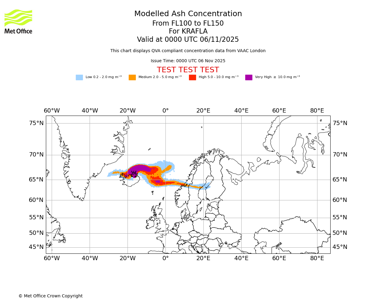 Modelled ash concentration from 100 to 150 for KRAFLA. Valid at 0000 UTC 06/11/2025