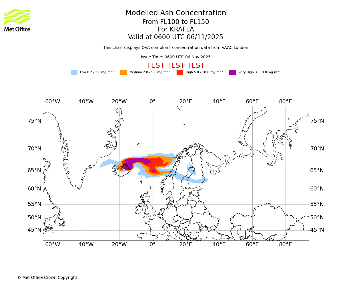 Modelled ash concentration from 100 to 150 for KRAFLA. Valid at 0600 UTC 06/11/2025