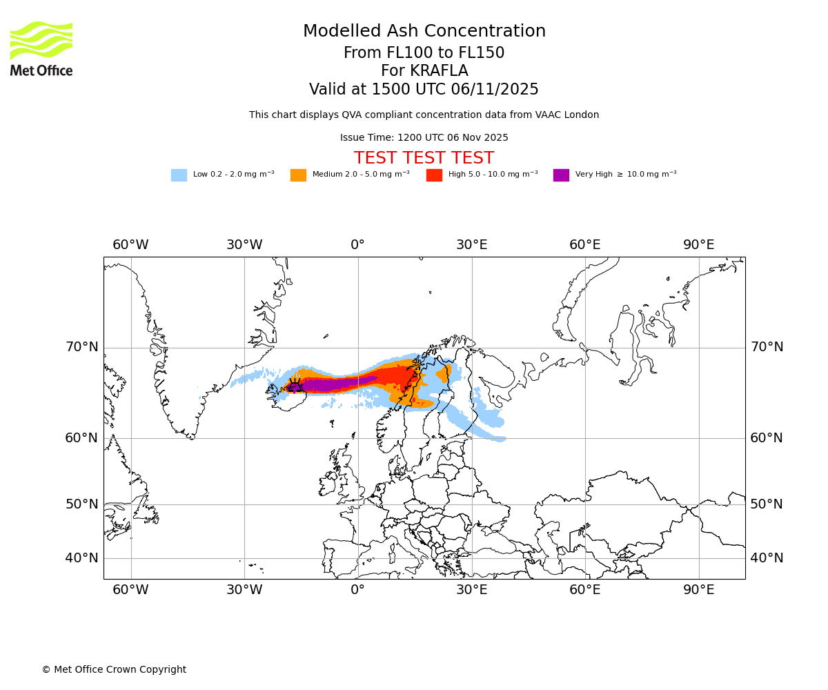 Modelled ash concentration from 100 to 150 for KRAFLA. Valid at 1500 UTC 06/11/2025