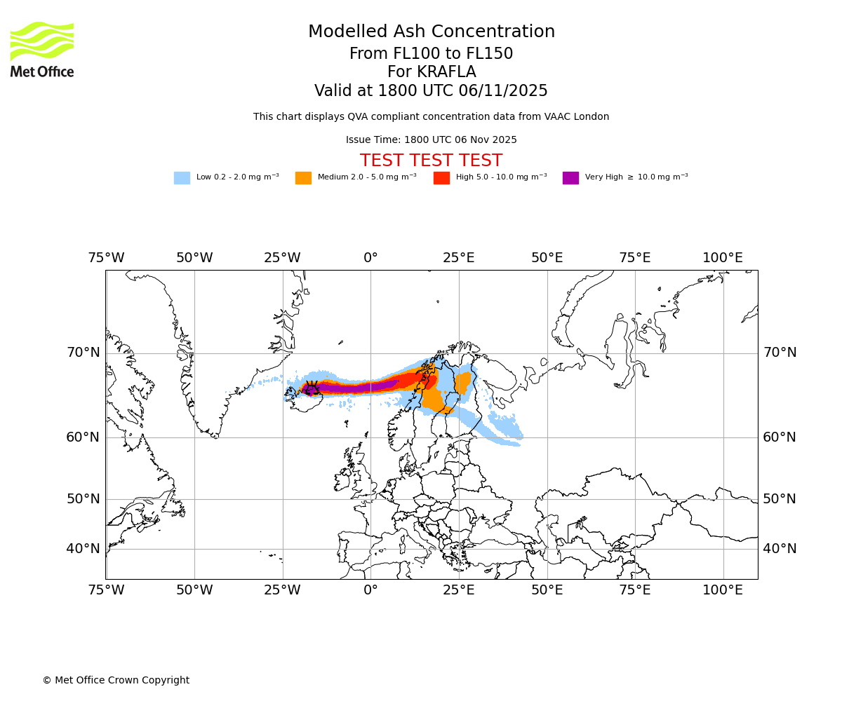 Modelled ash concentration from 100 to 150 for KRAFLA. Valid at 1800 UTC 06/11/2025