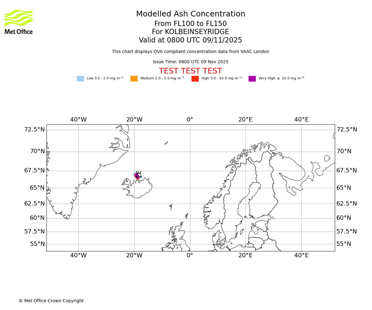 Modelled ash concentration from 100 to 150 for KOLBEINSEYRIDGE. Valid at 0800 UTC 09/11/2025