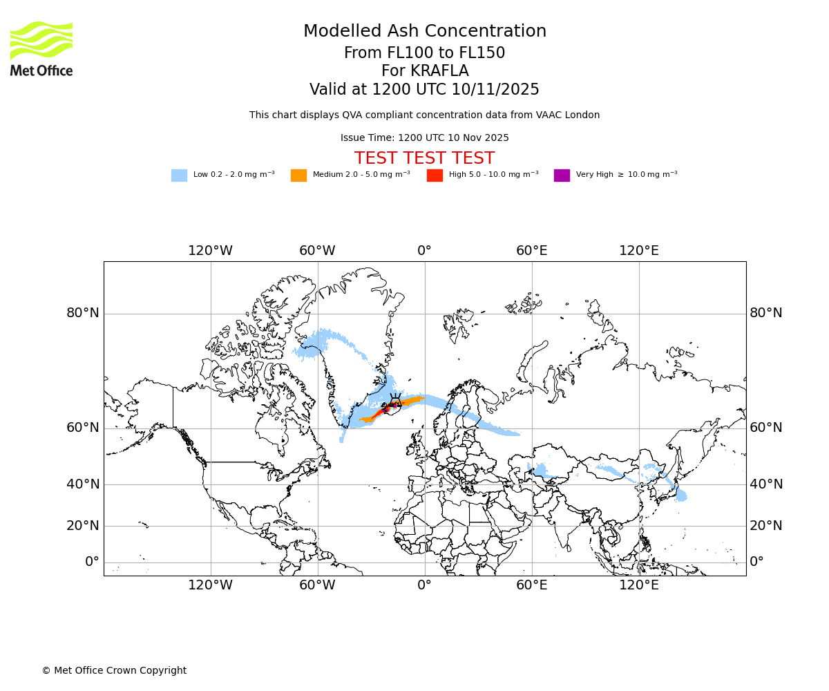 Modelled ash concentration from 100 to 150 for KRAFLA. Valid at 1200 UTC 10/11/2025