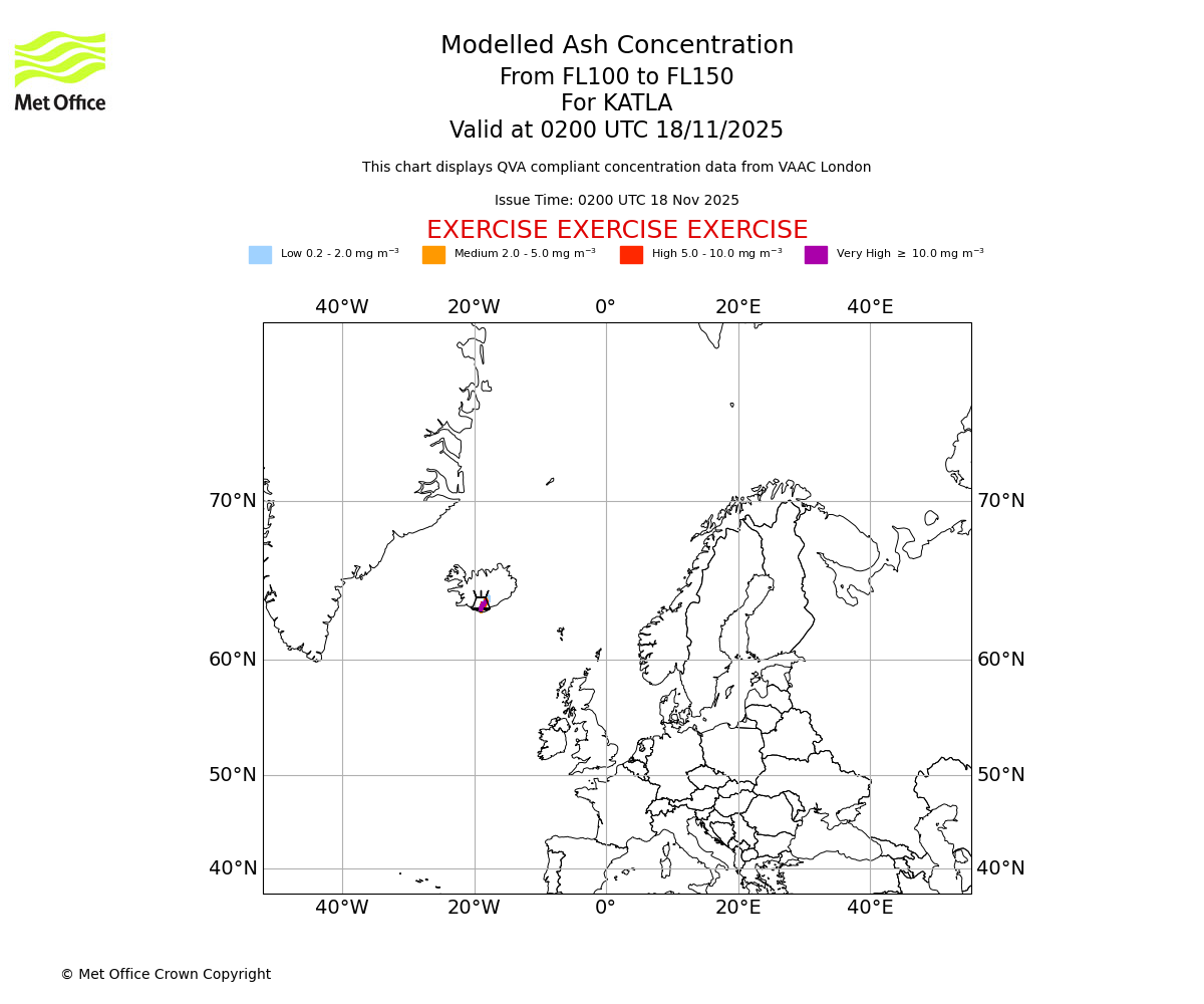 Modelled ash concentration from 100 to 150 for KATLA. Valid at 0200 UTC 18/11/2025