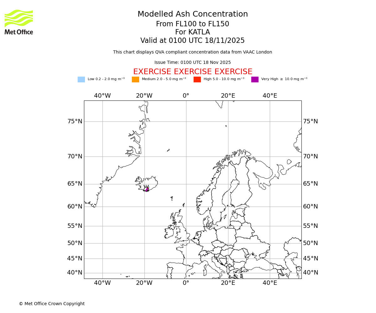Modelled ash concentration from 100 to 150 for KATLA. Valid at 0100 UTC 18/11/2025