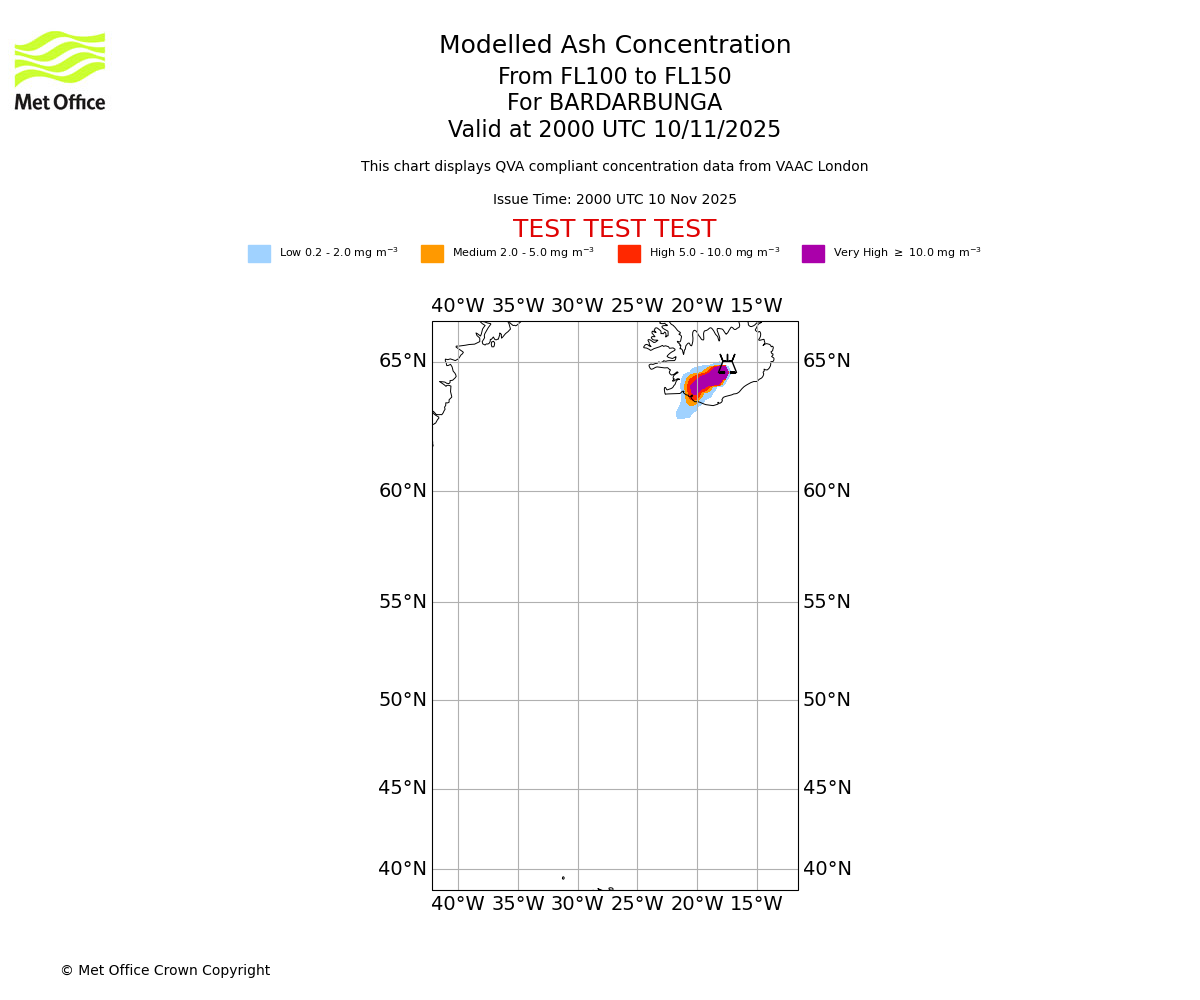 Modelled ash concentration from 100 to 150 for BARDARBUNGA. Valid at 2000 UTC 10/11/2025