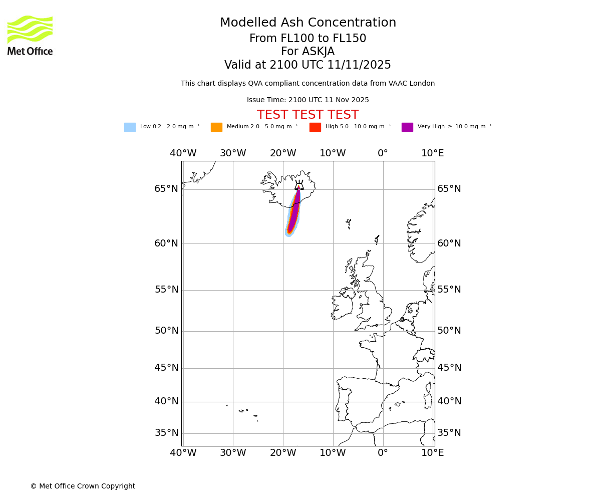 Modelled ash concentration from 100 to 150 for ASKJA. Valid at 2100 UTC 11/11/2025