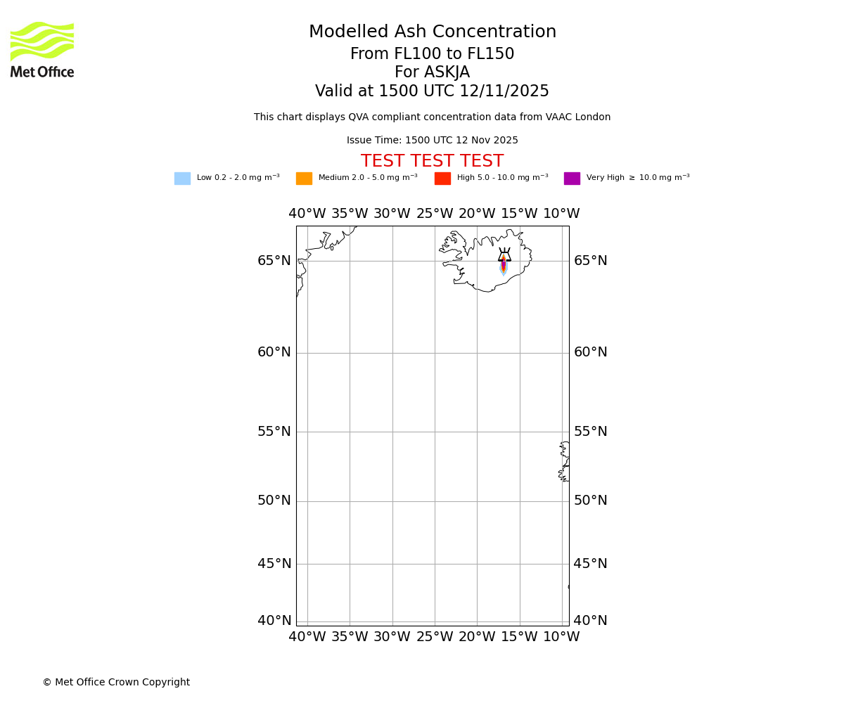 Modelled ash concentration from 100 to 150 for ASKJA. Valid at 1500 UTC 12/11/2025