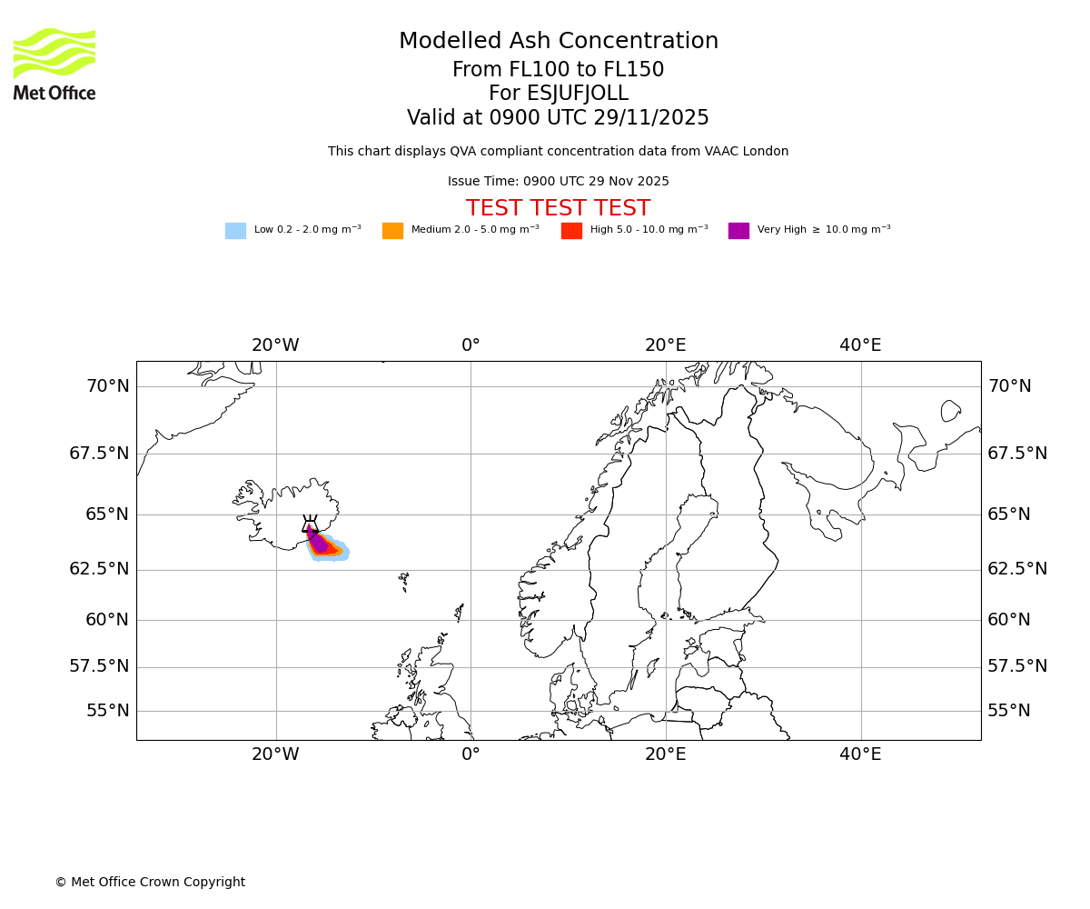 Modelled ash concentration from 100 to 150 for ESJUFJOLL. Valid at 0900 UTC 29/11/2025
