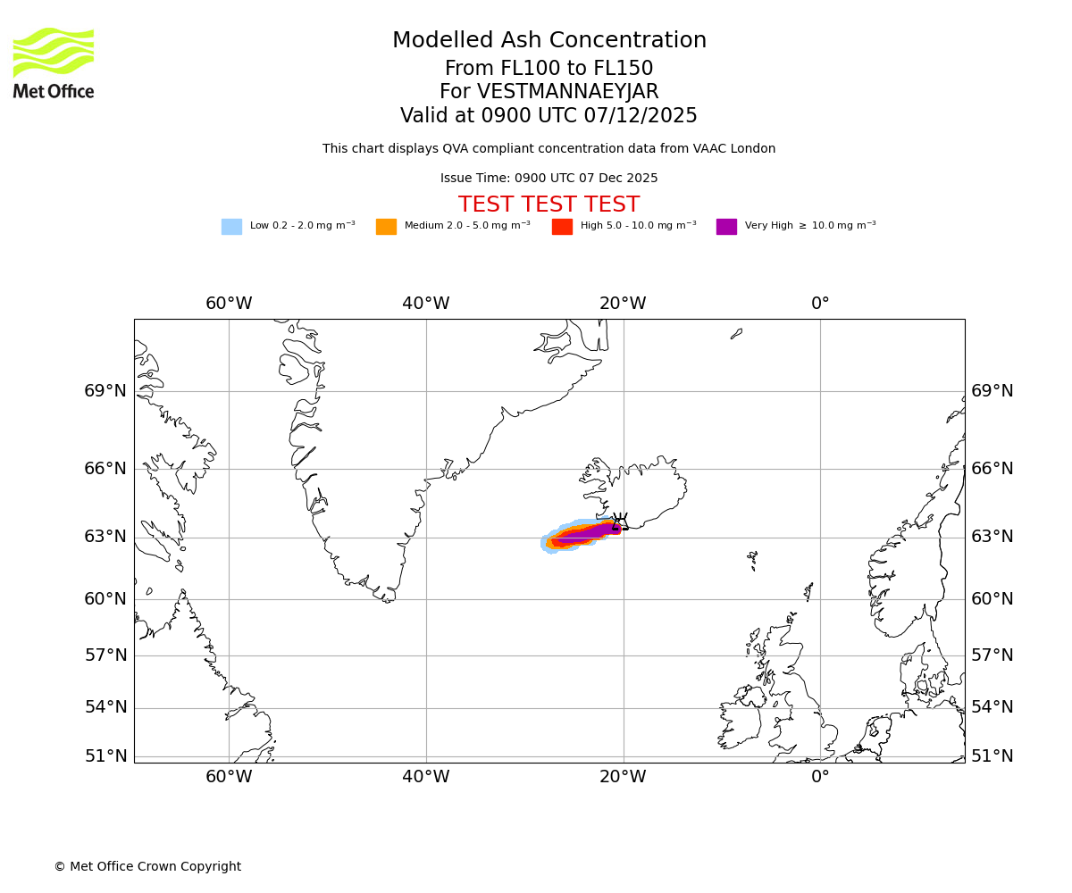 Modelled ash concentration from 100 to 150 for VESTMANNAEYJAR. Valid at 0900 UTC 07/12/2025