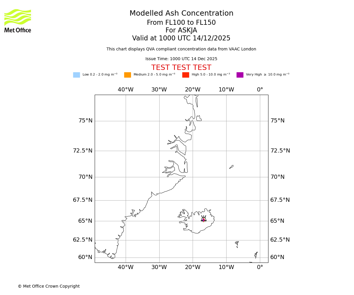 Modelled ash concentration from 100 to 150 for ASKJA. Valid at 1000 UTC 14/12/2025