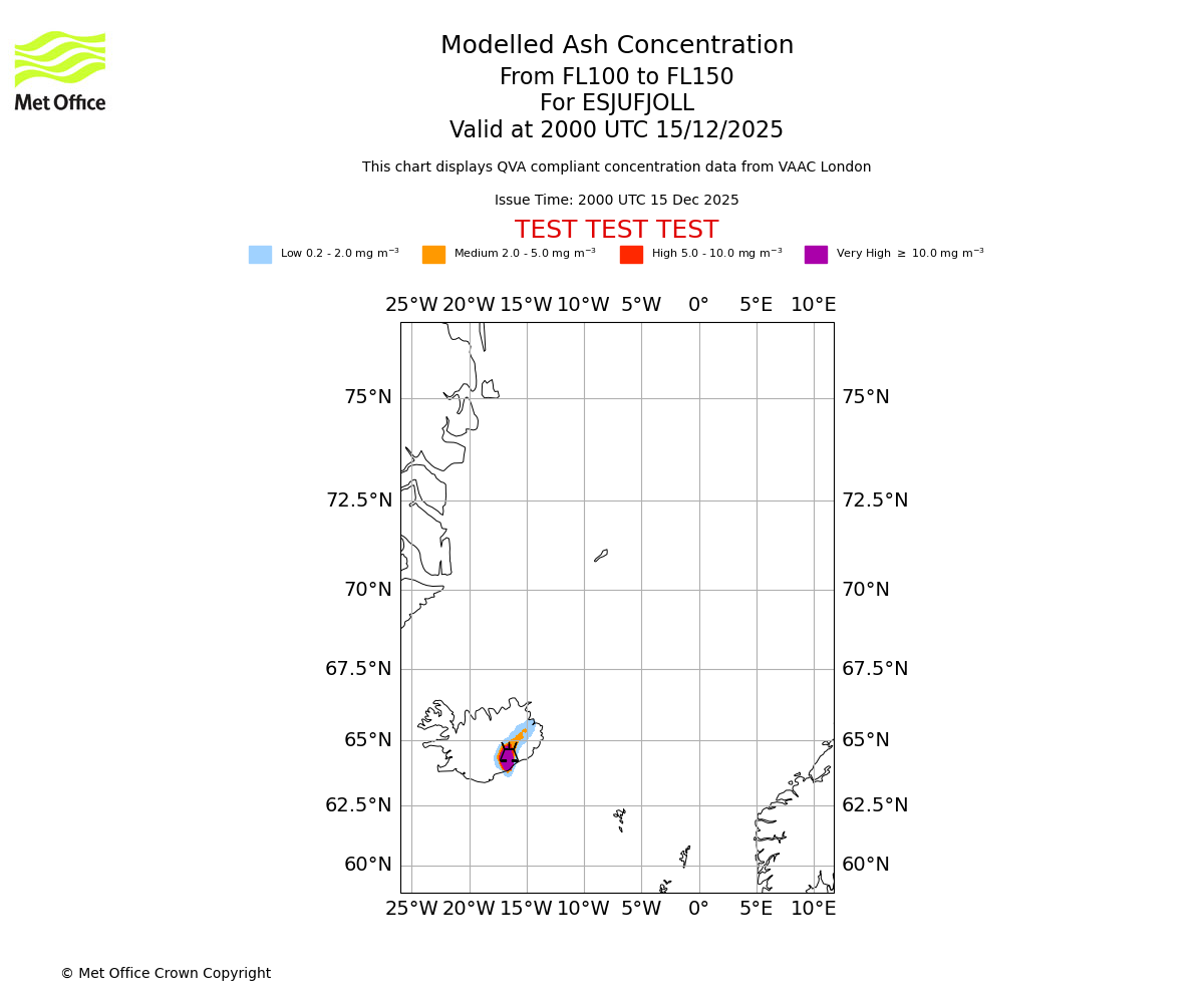 Modelled ash concentration from 100 to 150 for ESJUFJOLL. Valid at 2000 UTC 15/12/2025