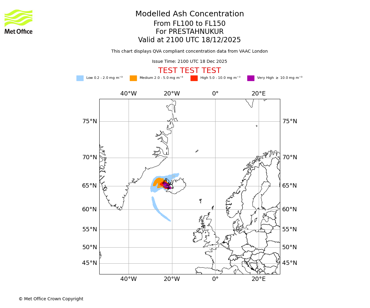Modelled ash concentration from 100 to 150 for PRESTAHNUKUR. Valid at 2100 UTC 18/12/2025