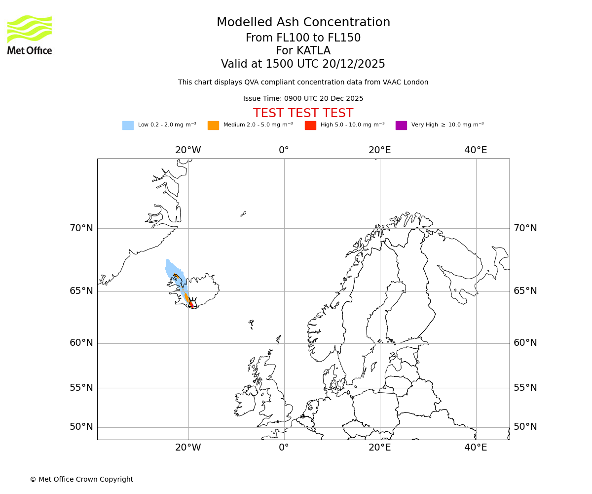 Modelled ash concentration from 100 to 150 for KATLA. Valid at 1500 UTC 20/12/2025