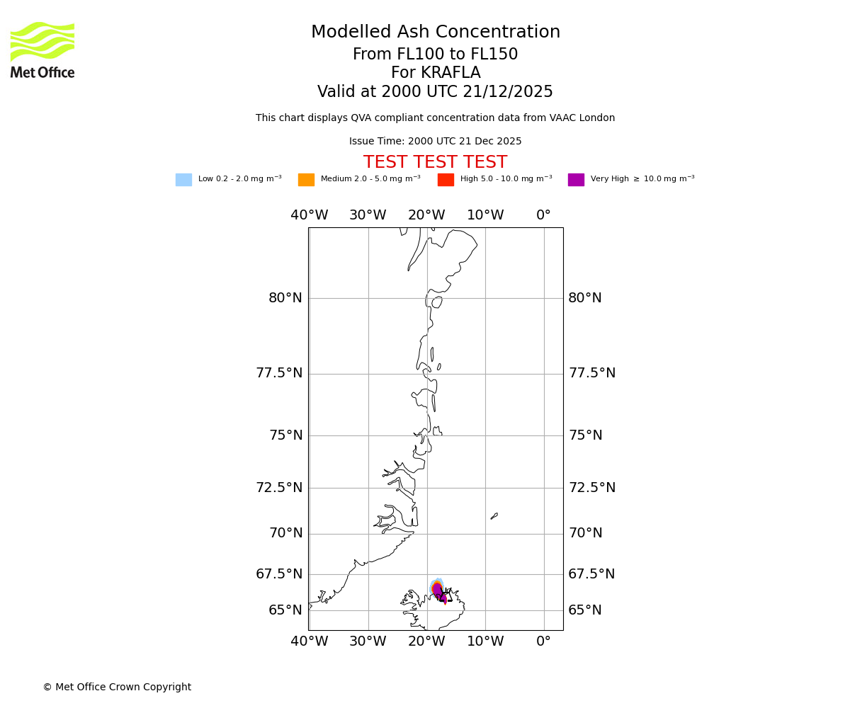 Modelled ash concentration from 100 to 150 for KRAFLA. Valid at 2000 UTC 21/12/2025