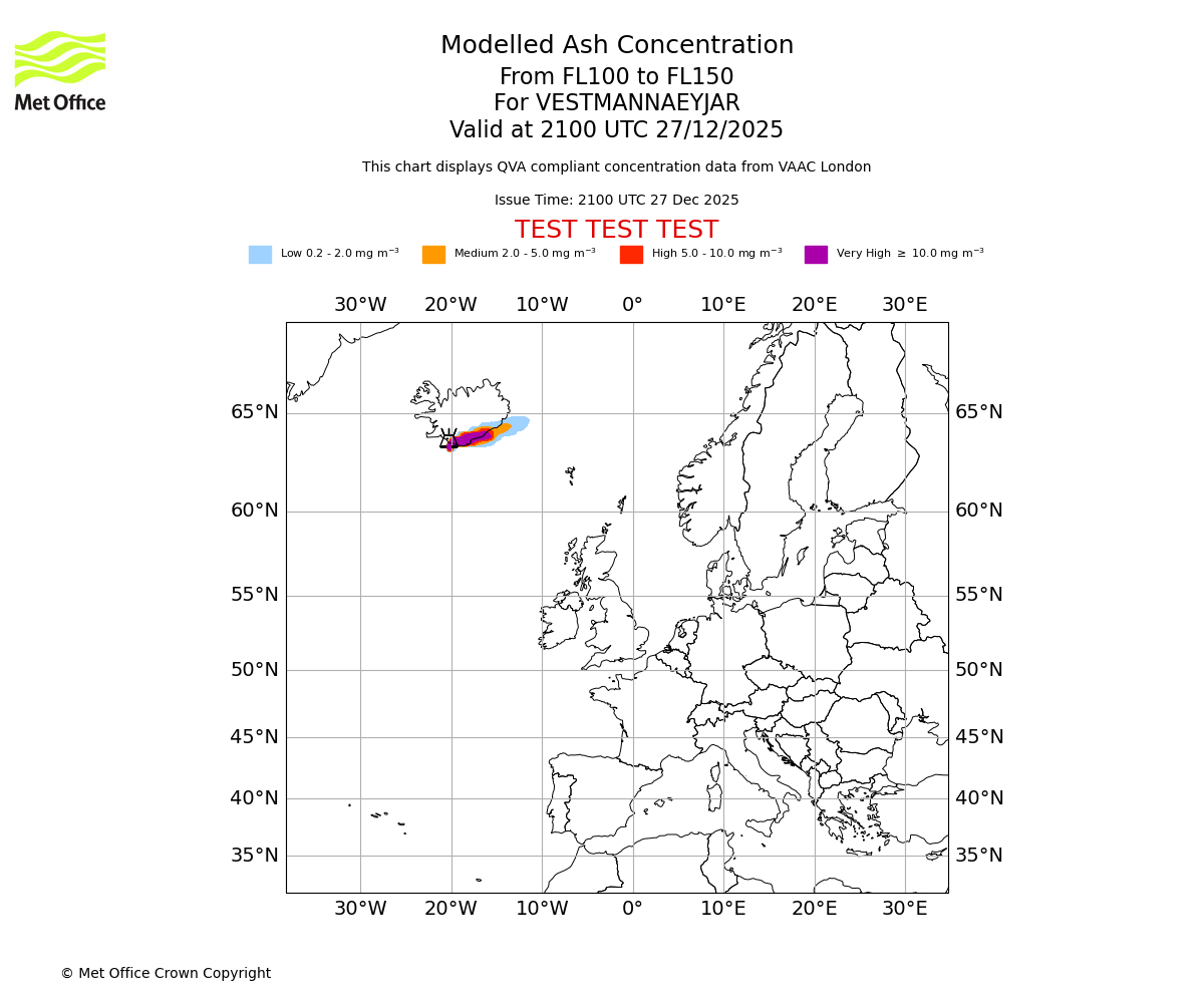Modelled ash concentration from 100 to 150 for VESTMANNAEYJAR. Valid at 2100 UTC 27/12/2025