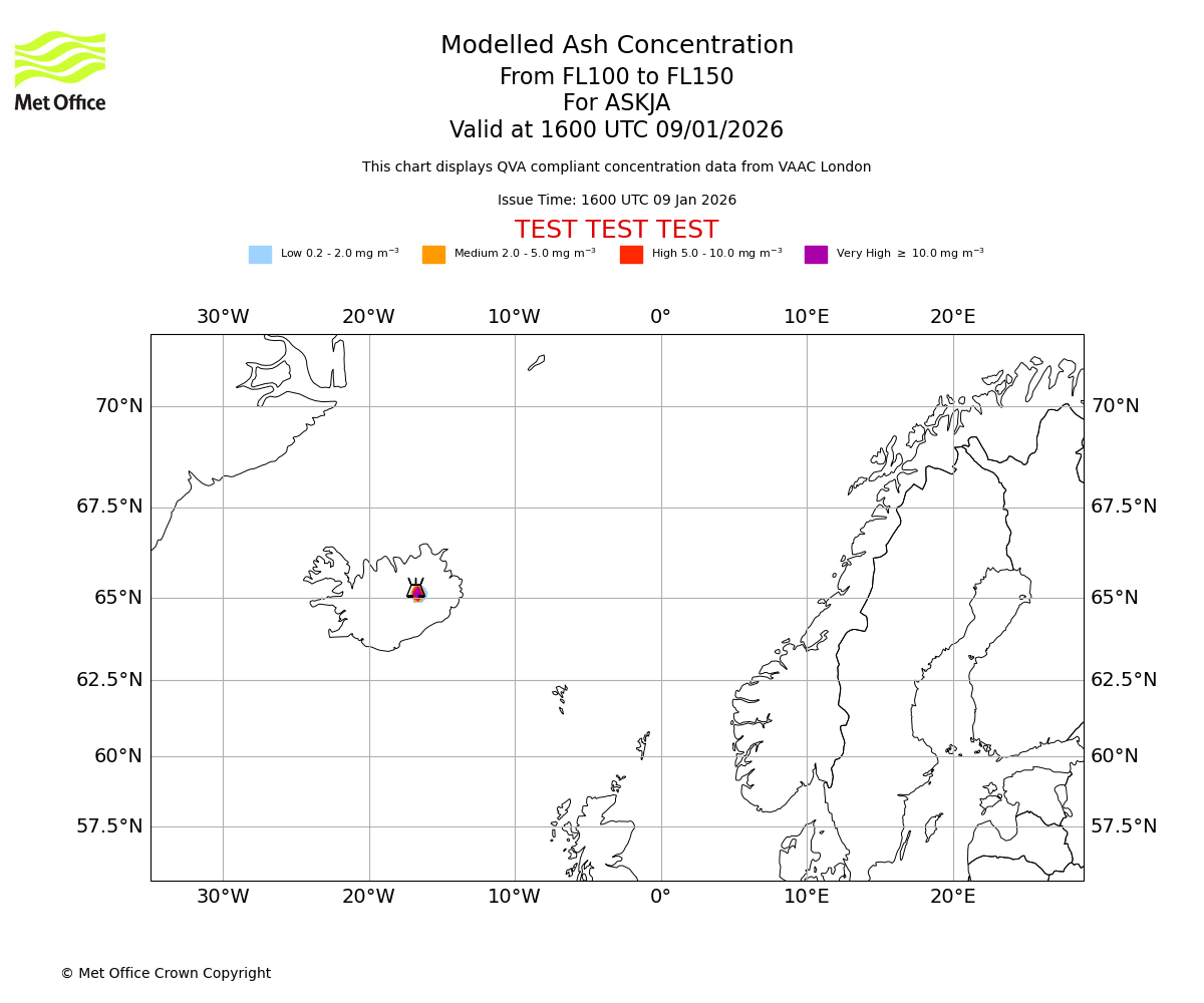 Modelled ash concentration from 100 to 150 for ASKJA. Valid at 1600 UTC 09/01/2026
