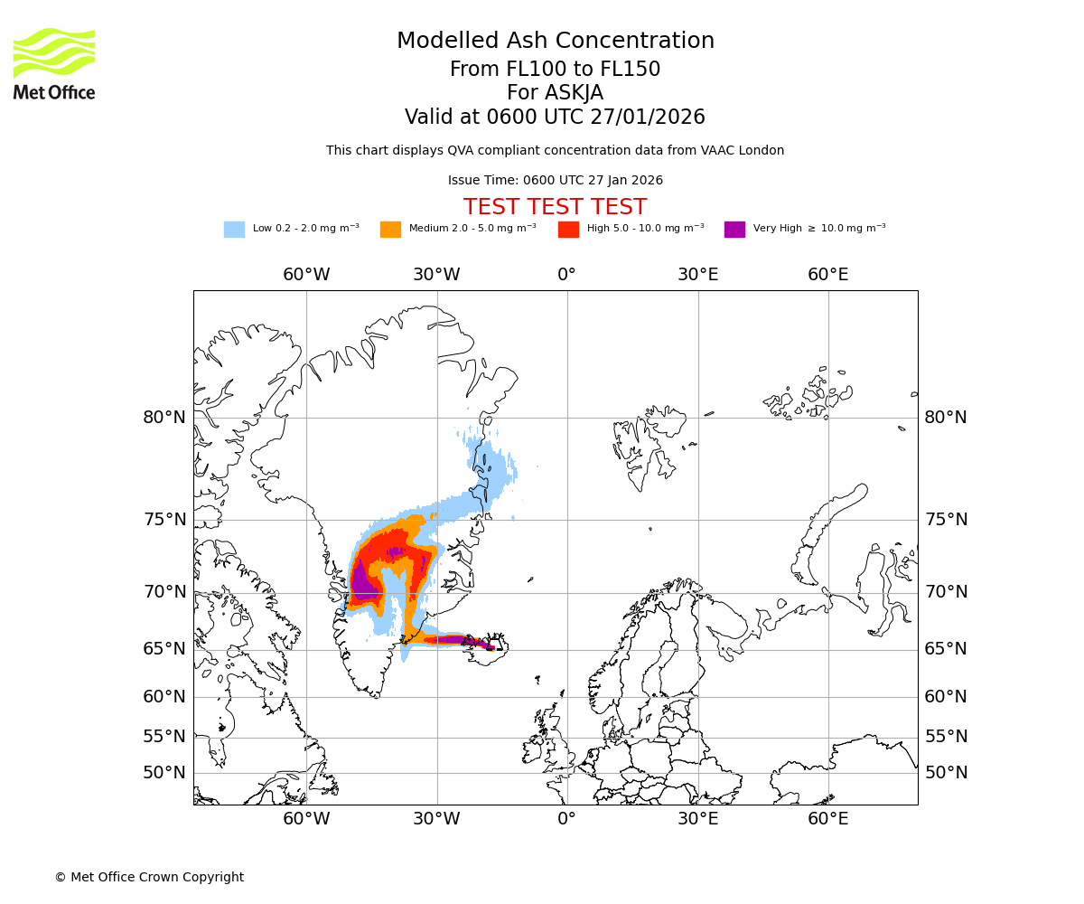 Modelled ash concentration from 100 to 150 for ASKJA. Valid at 0600 UTC 27/01/2026