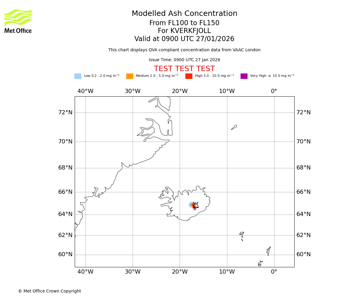 Modelled ash concentration from 100 to 150 for KVERKFJOLL. Valid at 0900 UTC 27/01/2026