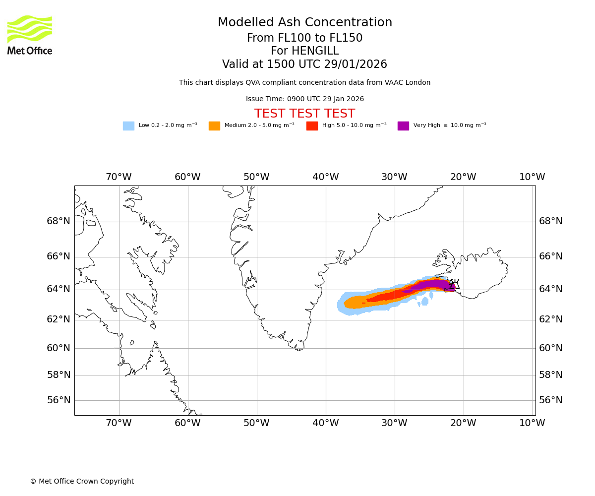 Modelled ash concentration from 100 to 150 for HENGILL. Valid at 1500 UTC 29/01/2026