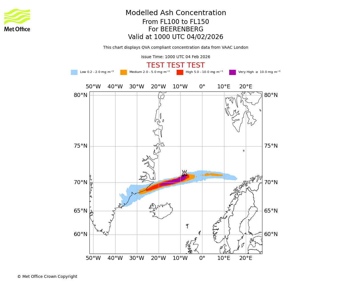 Modelled ash concentration from 100 to 150 for BEERENBERG. Valid at 1000 UTC 04/02/2026