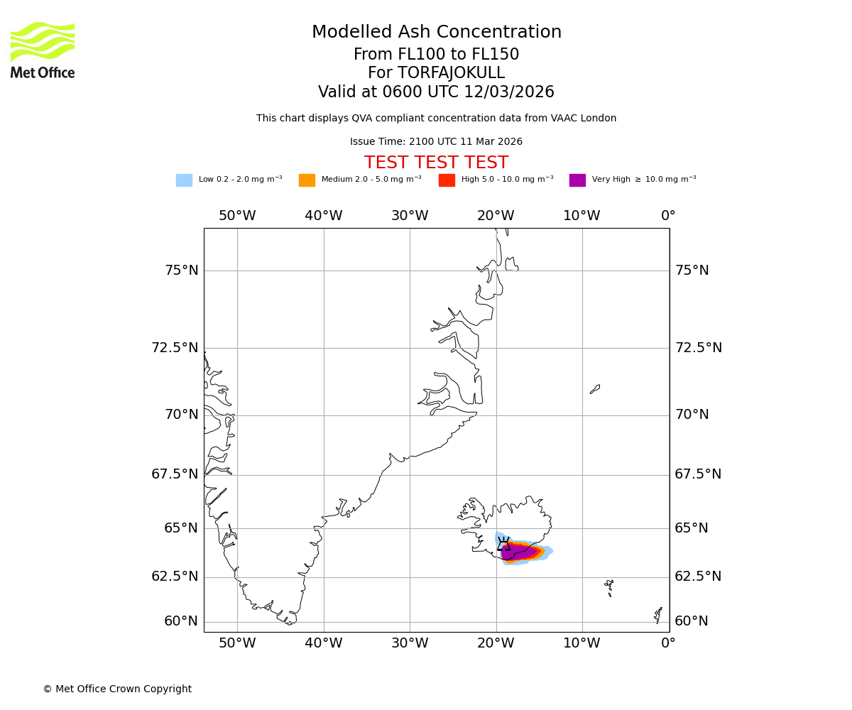 Modelled ash concentration from 100 to 150 for TORFAJOKULL. Valid at 0600 UTC 12/03/2026