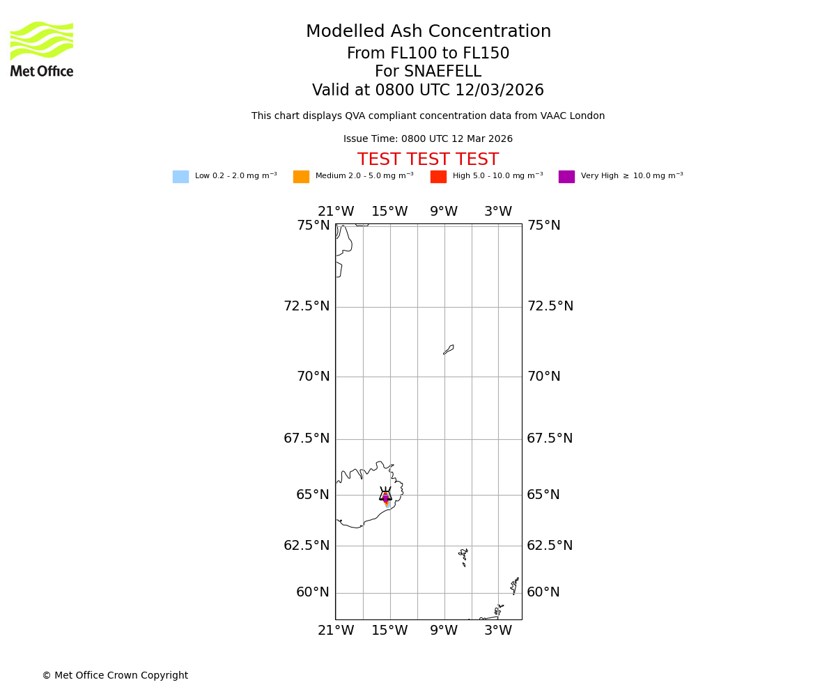 Modelled ash concentration from 100 to 150 for SNAEFELL. Valid at 0800 UTC 12/03/2026