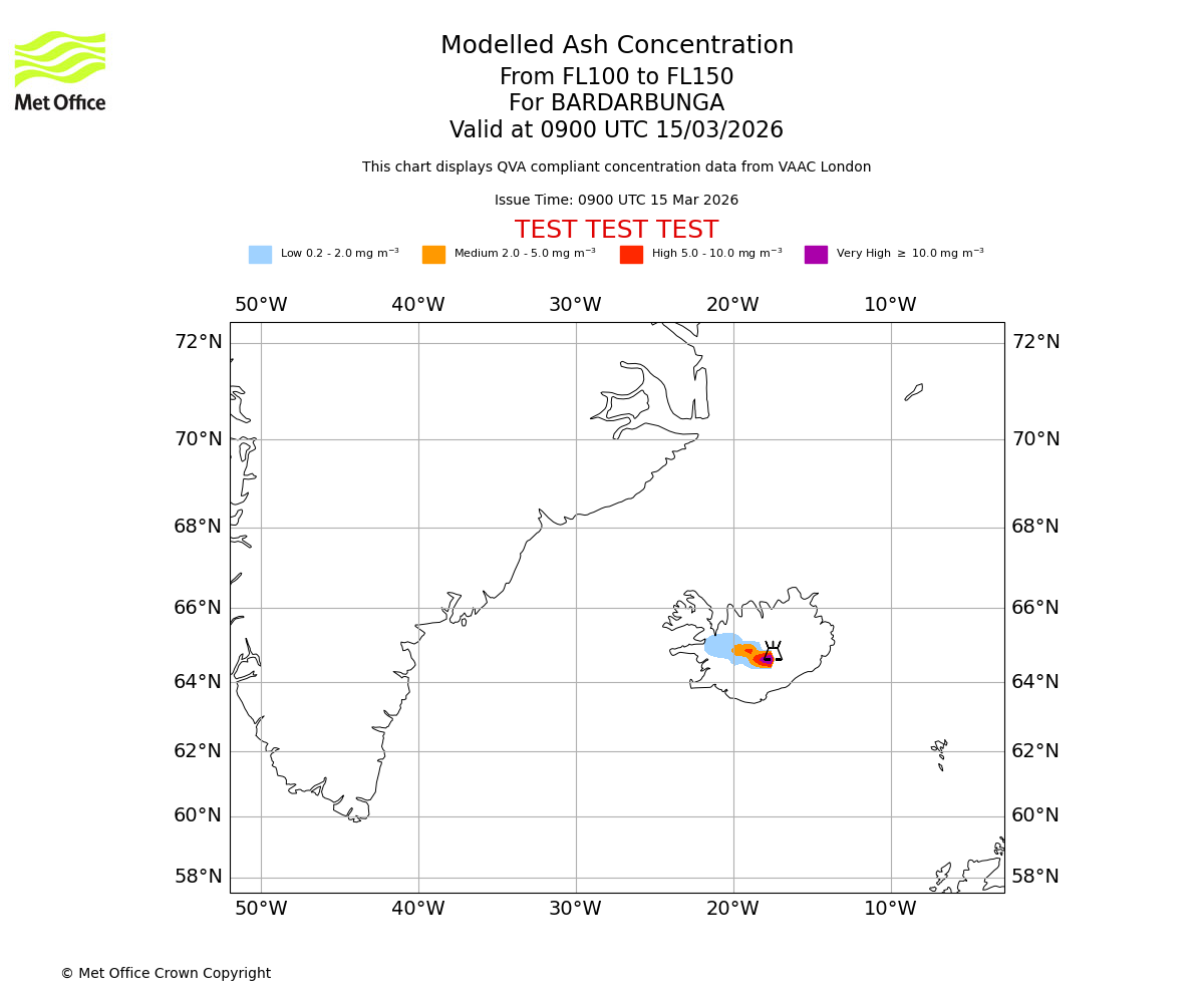 Modelled ash concentration from 100 to 150 for BARDARBUNGA. Valid at 0900 UTC 15/03/2026