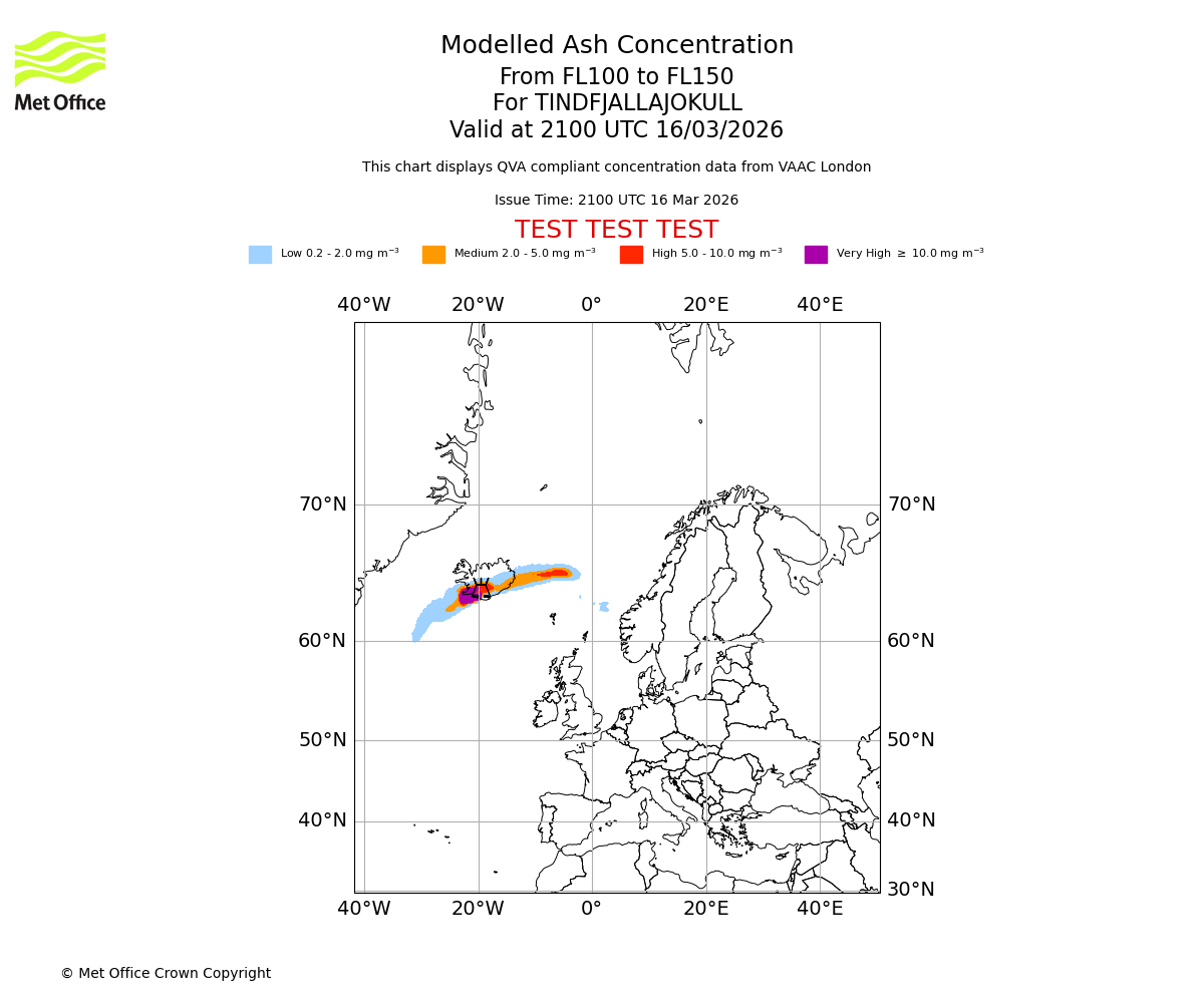 Modelled ash concentration from 100 to 150 for TINDFJALLAJOKULL. Valid at 2100 UTC 16/03/2026