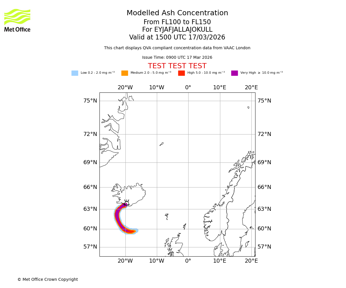 Modelled ash concentration from 100 to 150 for EYJAFJALLAJOKULL. Valid at 1500 UTC 17/03/2026