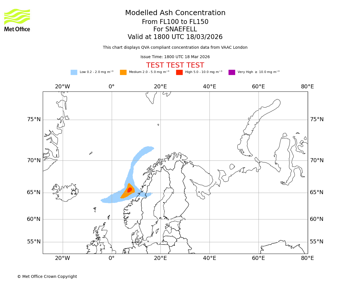 Modelled ash concentration from 100 to 150 for SNAEFELL. Valid at 1800 UTC 18/03/2026
