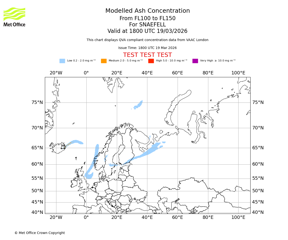 Modelled ash concentration from 100 to 150 for SNAEFELL. Valid at 1800 UTC 19/03/2026