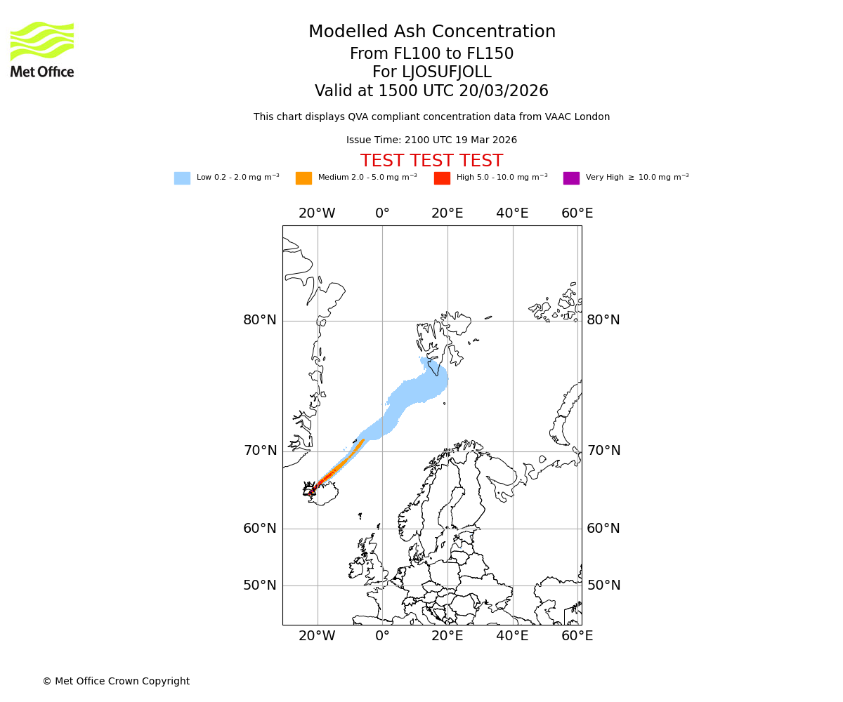 Modelled ash concentration from 100 to 150 for LJOSUFJOLL. Valid at 1500 UTC 20/03/2026