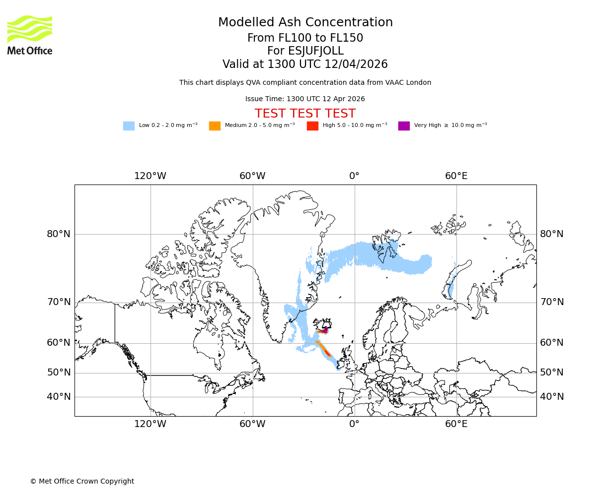 Modelled ash concentration from 100 to 150 for ESJUFJOLL. Valid at 1300 UTC 12/04/2026